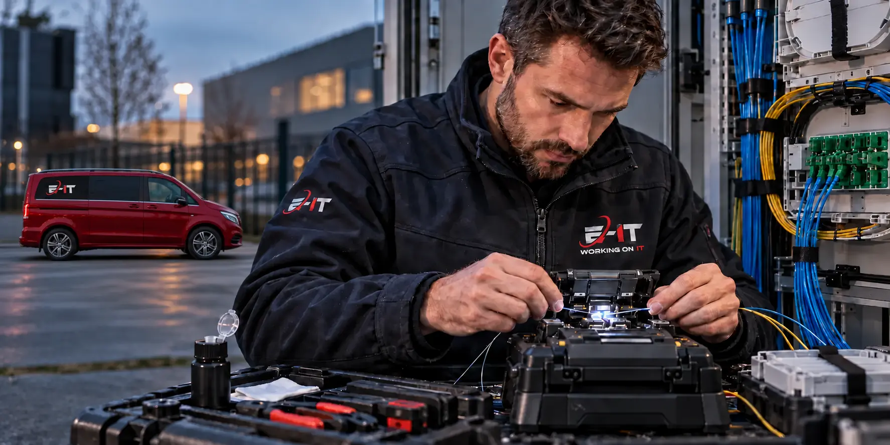 Engelen-IT-technieker last glasvezel met een professionele fusielasmachine