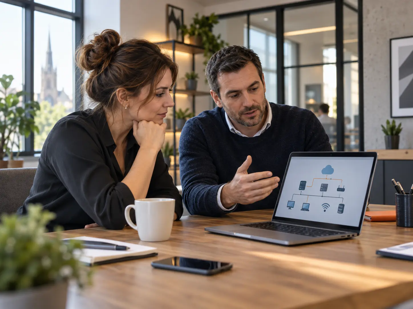 IT-consultant bespreekt een oplossing met een ondernemer